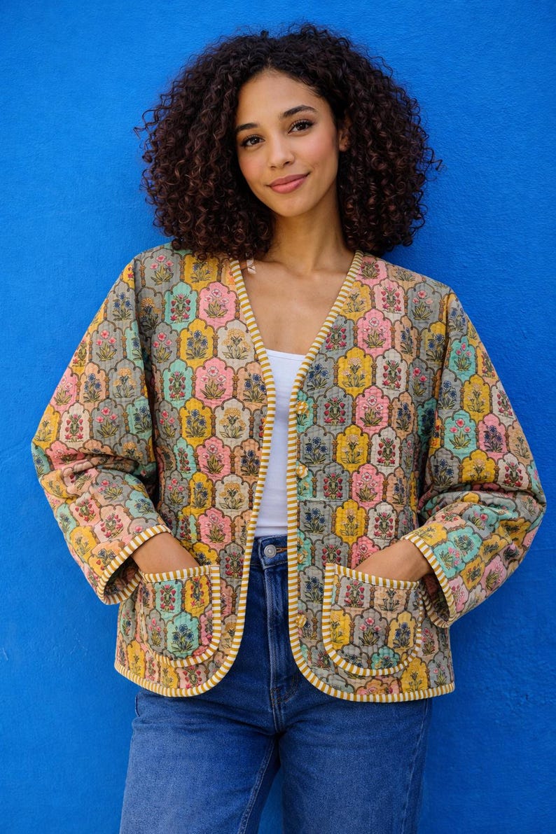 Colorful Floral Print Jacket, Lightweight Cotton Fall Cardigan, Ethically Made Boho Chic Apparel image 2