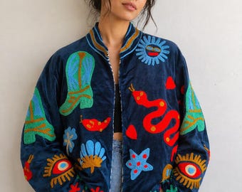 Handmade Suzani Style Velvet Jacket – Bohemian Embroidered Coat – Artistic Statement Jacket – Festival Wear