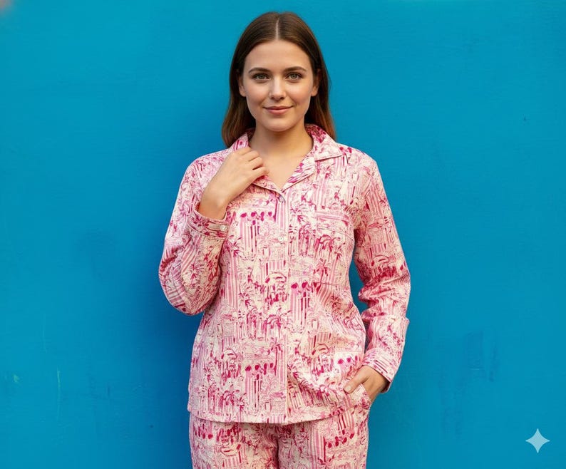 Może przedstawiać: R&oacute;żowy zestaw piżamowy z białym i r&oacute;żowym wzorem. Koszula z długim rękawem zapinana na guziki ma kołnierzyk i kieszeń na piersi. Widoczne są pasujące spodnie. Tło jest jednolicie niebieskie.