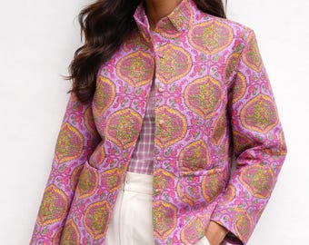 Reversible Cotton Block Print Kantha Jacket – Boho Indian Floral Quilted Coat