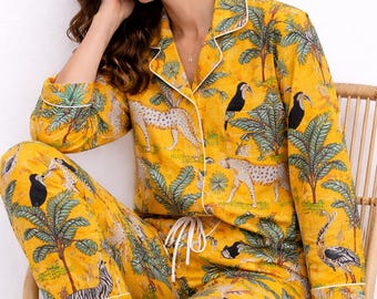 Komplet wypoczynkowy z nadrukiem Safari | Luksusowa bawełniana piżama z nadrukiem blokowym, koszula i spodnie