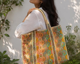 Quilted Cotton Tote Bag | Handmade Block Print Floral Shopper, Eco Friendly Everyday Bag