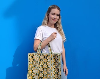 Bolso de algodón con estampado floral en bloques hecho a mano: bolso de hombro bohemio