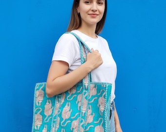 Handmade Turquoise Tiger Print Cotton Tote Bag - Boho Beach Bag