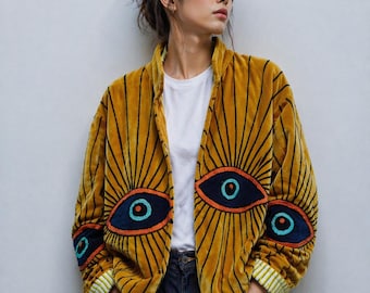 Handmade Velvet Eye Jacket – Mustard Yellow Embroidered Suzani Style Coat – Boho Statement Outerwear