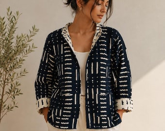 Handmade Black and White Cotton Quilted Jacket: Reversible Boho Coat
