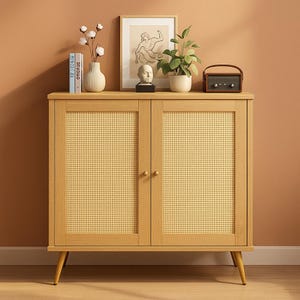 Rattan Buffet Cabinet – Modern Kitchen Sideboard with Storage Shelves