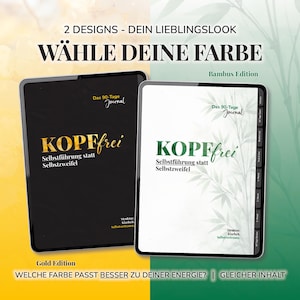 Pu&ograve; includere: Due diari, uno nero e uno bianco, con la parola tedesca "KOPFfrei" in oro e verde. Il testo "Selbstf&uuml;hrung statt Selbstzweifel" &egrave; sotto il titolo. I diari sono etichettati come "Gold Edition" e "Bambus Edition".