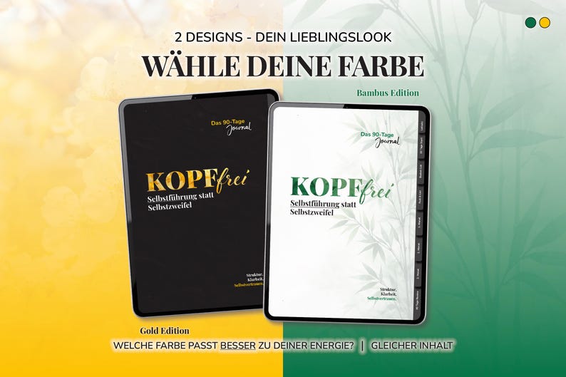 Pu&ograve; includere: Due diari, uno nero e uno bianco, con la parola tedesca "KOPFfrei" in oro e verde. Il testo "Selbstf&uuml;hrung statt Selbstzweifel" &egrave; sotto il titolo. I diari sono etichettati come "Gold Edition" e "Bambus Edition".