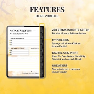 Pu&ograve; includere: Planner digitale con il titolo "FEATURES" e "DEINE VORTEILE" nella parte superiore. Il planner include sezioni per le revisioni mensili, i 3 progressi principali e gli approfondimenti. Ha 238 pagine strutturate, collegamenti ipertestuali ed &egrave; adatto per uso digitale e stampa.