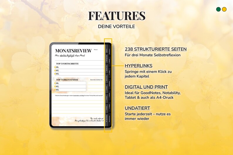 Pu&ograve; includere: Planner digitale con il titolo "FEATURES" e "DEINE VORTEILE" nella parte superiore. Il planner include sezioni per le revisioni mensili, i 3 progressi principali e gli approfondimenti. Ha 238 pagine strutturate, collegamenti ipertestuali ed &egrave; adatto per uso digitale e stampa.