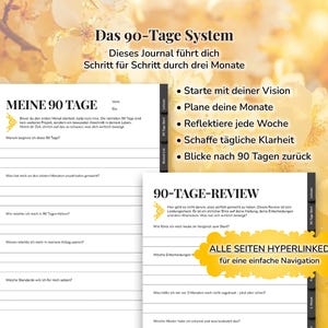 Pu&ograve; includere: Un diario con il testo "Das 90-Tage System" e "MEINE 90 TAGE" sulla copertina. Il diario &egrave; progettato per guidare gli utenti per tre mesi, con sezioni per la visione, la pianificazione, la riflessione e la revisione. Le pagine sono bianche con testo nero.