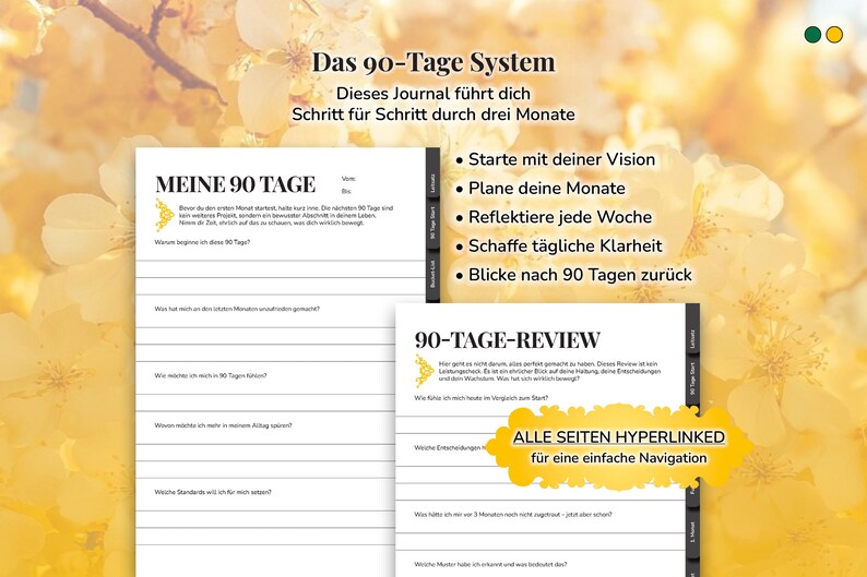 Pu&ograve; includere: Un diario con il testo "Das 90-Tage System" e "MEINE 90 TAGE" sulla copertina. Il diario &egrave; progettato per guidare gli utenti per tre mesi, con sezioni per la visione, la pianificazione, la riflessione e la revisione. Le pagine sono bianche con testo nero.