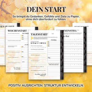 Pu&ograve; includere: Un insieme di pagine di pianificazione con il testo tedesco "DEIN START" e "POSITIV AUSRICHTEN. STRUKTUR ENTWICKELN." Le pagine presentano sezioni per la pianificazione settimanale e giornaliera, con suggerimenti e liste di controllo. Il design &egrave; minimalista con testo in bianco e nero su sfondo bianco.