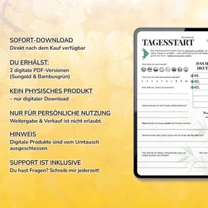 Pu&ograve; includere: Un pianificatore digitale su un tablet, con un layout giornaliero per il monitoraggio dell'umore, i livelli di energia e le liste di cose da fare. Il testo "TAGESSTART" &egrave; in alto, con testo in tedesco. Lo sfondo &egrave; una sfumatura di giallo e oro.