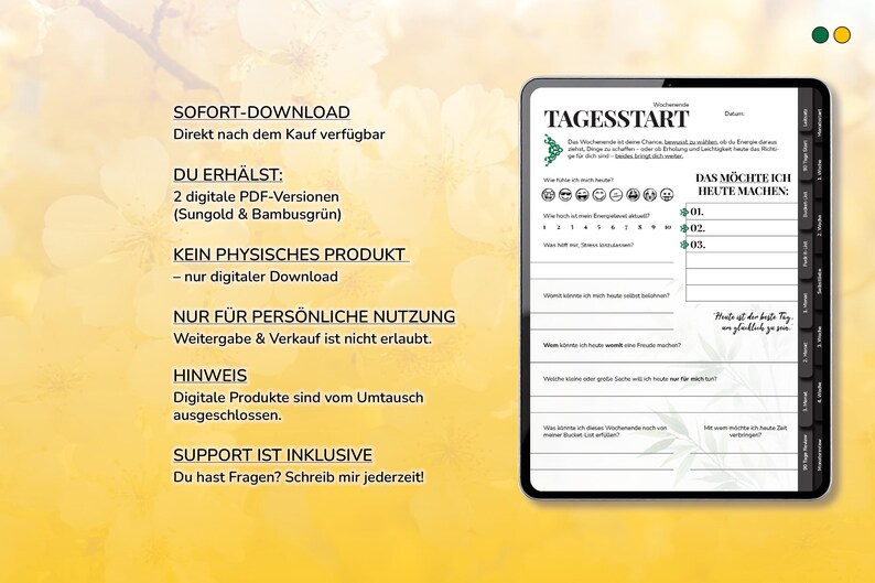 Pu&ograve; includere: Un pianificatore digitale su un tablet, con un layout giornaliero per il monitoraggio dell'umore, i livelli di energia e le liste di cose da fare. Il testo "TAGESSTART" &egrave; in alto, con testo in tedesco. Lo sfondo &egrave; una sfumatura di giallo e oro.