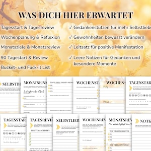 Pu&ograve; includere: Un pianificatore con varie pagine per la definizione di obiettivi giornalieri, settimanali e mensili, la riflessione e le revisioni. Le pagine includono sezioni per gli inizi giornalieri, le revisioni e le note. Il testo sulla copertina dice "Cosa ti aspetta qui".