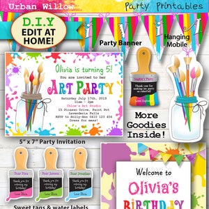 EDITABLE ART PARTY Printables, Art Party Invitation, Painting party, Craft Party Printables, Edit with Adobe Reader.