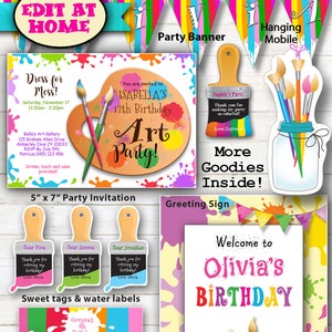 EDITABLE - D.I.Y. Editable Art Party Kit, Painting party, Craft Party Printables, Easy Edit at home with Adobe Reader.