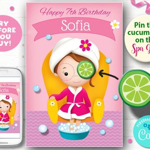 Spa Party Game - 20 "x 30" Pin the Cucumber on the Spa Girl - YOU PRINT- Instant Download & Edit your child's name with Corjl.
