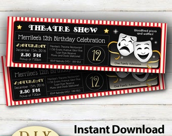 May include: An editable printable invitation for a 12th birthday party. The invitation is designed to look like a theatre ticket with red and white stripes, a black chalkboard background, and two theatre masks. The text on the invitation reads "Theatre Show Merrilee's 12th Birthday Celebration Saturday December 15th, 2016 2:30 PM Pickup at 7:00pm Merrilee's Theatre Restaurant 1156 Evans Avenue West Rise Tuart Park Reserve Mums and Dads Welcome! RSVP Belinda 0451 189 953 Woodfired pizza and waffles! One Family Admission".