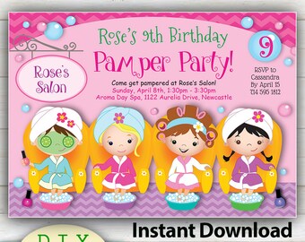 EDITABLE - Spa or Pamper Party Invitation, Manicure or Pedicure girls party. YOU Edit at home with Adobe Reader, Vibrant print quality.
