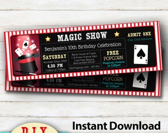 EDITABLE Instant Download Magic Card Show Party Invitations, Boy or girls Movie Party Ticket Invitation, Edit at home, Cinema Invitations
