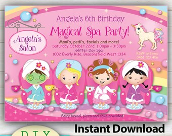 EDITABLE - Magical Spa Party Invitation, Cute Manicure or Pedicure girls party. YOU Edit at home with Adobe Reader, Vibrant print quality.