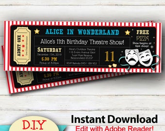 May include: A red and white striped ticket with a black background. The ticket is for Alice's 11th Birthday Theatre Show. The show is on Saturday, 15th December 2019 at 5:30 PM. The ticket includes the address and RSVP information for the event. The ticket also includes a free pizza offer.