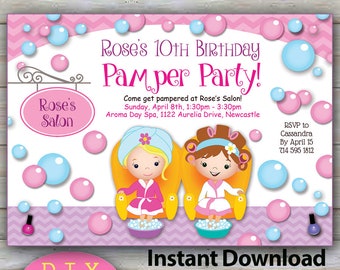 EDITABLE - Spa or Pamper Party Invitation, Manicure or Pedicure girls party. YOU Edit at home with Adobe Reader, Vibrant print quality.
