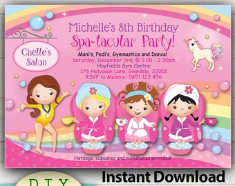 EDITABLE - Spa Party Invitation, Manicure or Pedicure, gym or dance. YOU Edit at home with Adobe Reader, Vibrant print quality.