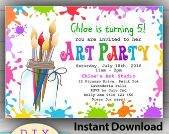 INSTANT DOWNLOAD. D.I.Y. Editable Art Party invitation, Paint Party Invitation, Edit in minutes at home with Adobe Reader!