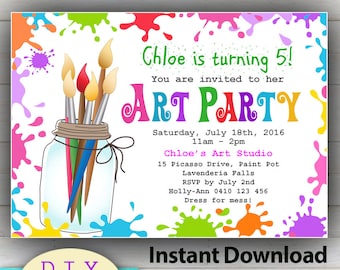 EDITABLE Art D.I.Y. Party invitation, Paint Party Invites, Paint splashes invitations, Craft Party Ideas, Bright and Colorful Invitations