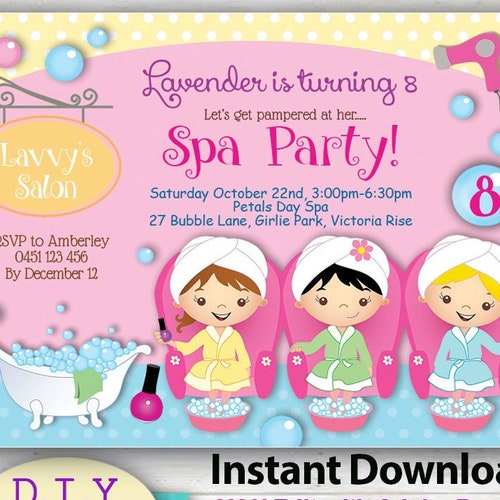 Printable Invitation SPA Party in PDF With Editable Texts Etsy