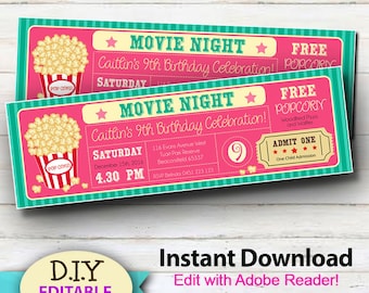 EDIT AT HOME Movie Party Invitation, Pink and Teal Party Invite, Movie Ticket Style Invitation, Edit with Adobe Reader at Home
