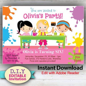 EDITABLE Invitations - D.I.Y. Painting Party, Fun Kids Party Invites, Art Party Invitations, Edit at home with Adobe Reader.