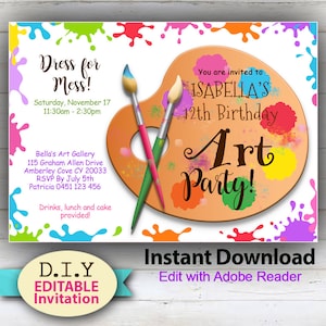 EDITABLE - D.I.Y. Art or Painting Party Invitation. INSTANT DOWNLOAD. Sweet, colorful design, Edit at home with Adobe Reader.