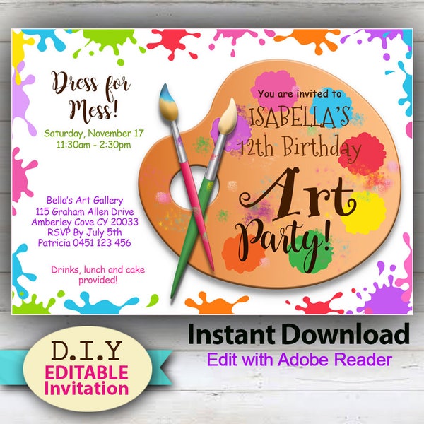 EDITABLE - D.I.Y. Art or Painting Party Invitation. INSTANT DOWNLOAD. Sweet, colorful design, Edit at home with Adobe Reader.