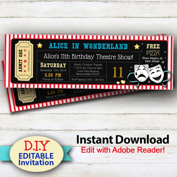 EDITABLE Instant Download Theatre Show- Party Invitations, Boy or girls Musical Theatre Ticket Invitation, Edit at home, Cinema Invitations