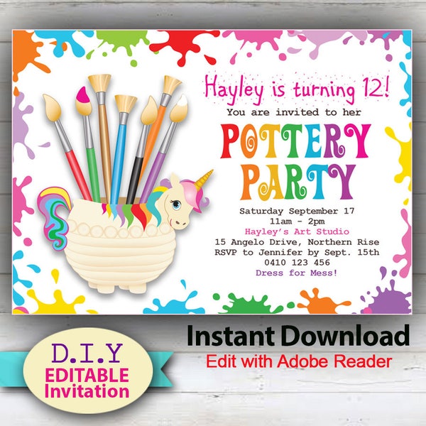 EDITABLE Pottery Party Invitation, Do-it-yourself Birthday Invitation, Rainbow Unicorn Theme, Edit at Home with Adobe Reader.