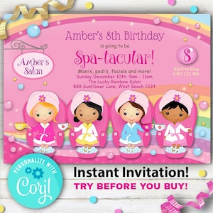 EDITABLE - Spa Party Invitation, Manicure or Pedicure. Mixed skin Tone Girls. YOU Edit at home with Corjyl, Vibrant print quality.