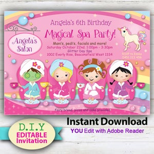 EDITABLE - Magical Spa Party Invitation, Cute Manicure or Pedicure girls party. YOU Edit at home with Adobe Reader, Vibrant print quality.