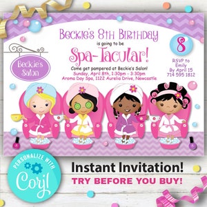 EDITABLE - Pamper Party Invitation, girls pamper party, Cute Day Spa Invitation, YOU edit online with Corjyl!