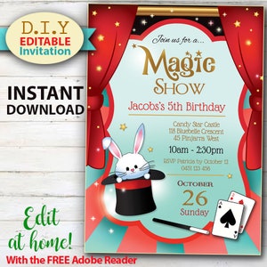 Può includere: Invito modificabile per un 5° compleanno a tema spettacolo di magia. L'invito presenta un sipario rosso, un coniglio bianco che spunta da un cappello a cilindro e carte da gioco. Il testo recita "Unisciti a noi per uno... Spettacolo di magia Il 5° compleanno di Jacob Castello Candy Star 118 Crescent Bluebelle 45 Pinjarra West 10:00 - 14:30 RSVP Patricia entro il 12 ottobre 0451 123 456 OTTOBRE 26 Domenica".