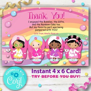 EDITABLE - Spa Party Thank You Card, Manicure or Pedicure Mixed ethnicity Girls. YOU Edit at home with Corjyl, Vibrant print quality.