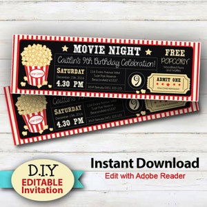 EDITABLE Instant Download Movie Party Invitations, Boy or girls Movie Party Ticket Invitation, Edit at home, Cinema Invitations