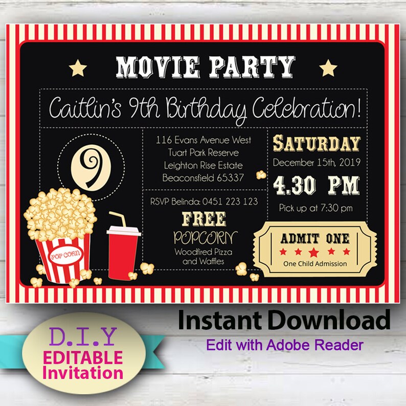 May include: A black chalkboard style invitation for a movie party celebrating a 9th birthday. The invitation features a red and white striped border, a popcorn bucket, a red cup, and a movie ticket. The text on the invitation reads "Movie Party", "Caitlin's 9th Birthday Celebration!" and "Saturday, December 15th, 2019, 4:30 PM".