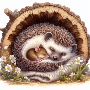 9 Clipart mignon hérisson et souris dormant dans un arbre creux. Images JPEG haute définition. Utilisation commerciale. Créez des impressions, des travaux manuels, des vêtements.