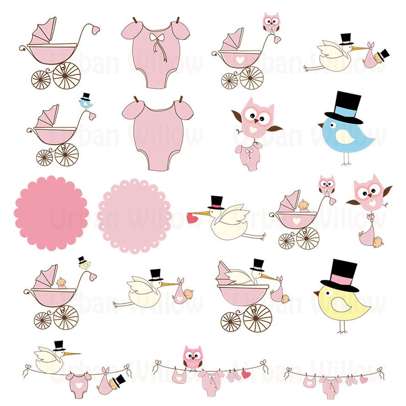 Clip Art Art Collectibles Digital Clipart Owl Baby In Pram Baby Girl Clipart Baby Shower Announcment Graphics Graphics Baby Pink Stork In Top Hat Clipart Stork
