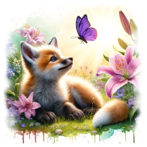 10 cliparts animaux mignons, renard et papillon. Fleurs, jardin, clipart aquarelle, fichiers JPG de qualité, téléchargement numérique, art pour chambre d'enfant, création manuelle, impression